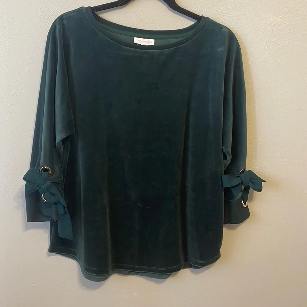 Deep green velour 3/4 sleeve with bow Charter Club size M - Picture 1 of 3